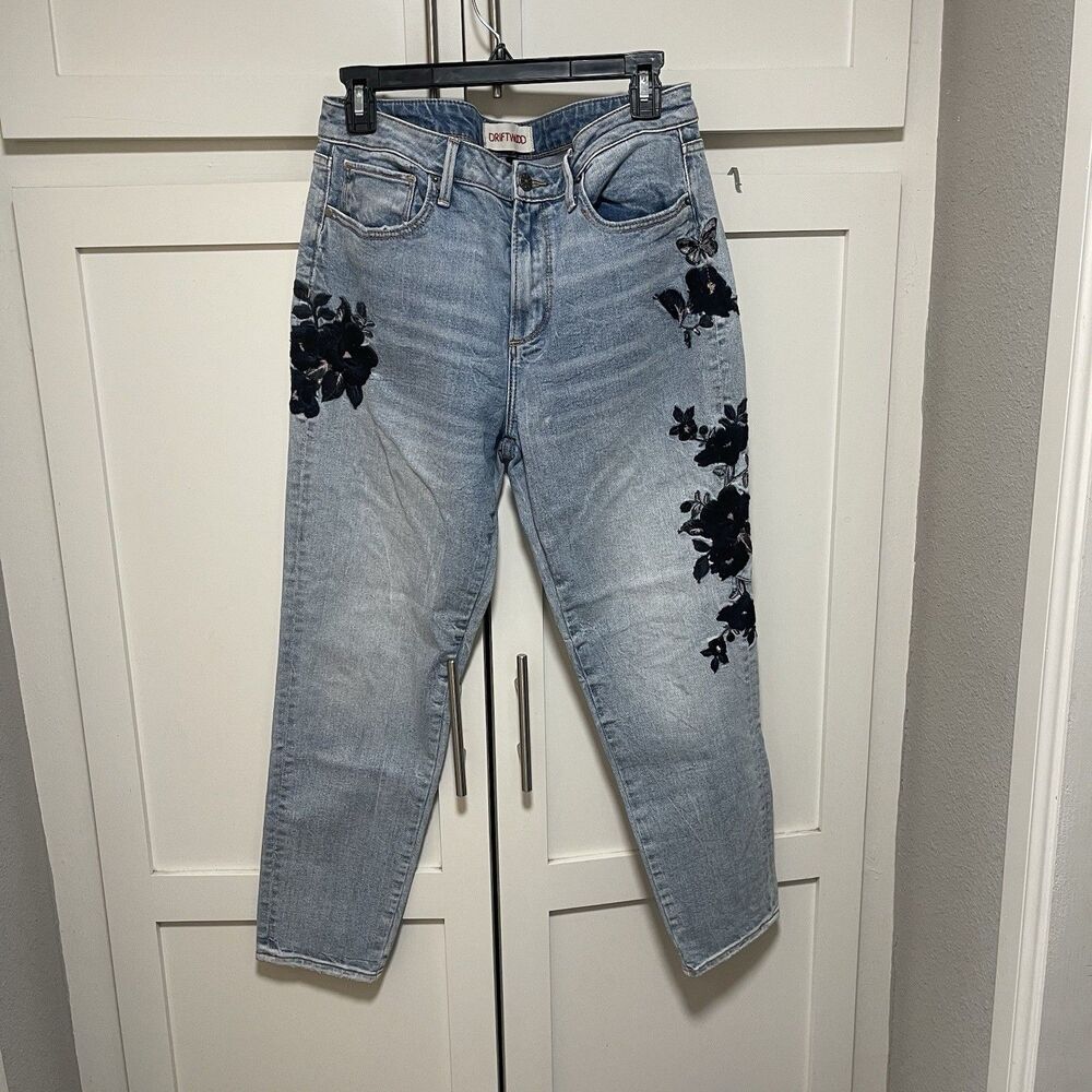 DRIFTWOOD Gizelle Embroidered Girlfriend Flowers Light Wash Jeans W 29 L 27